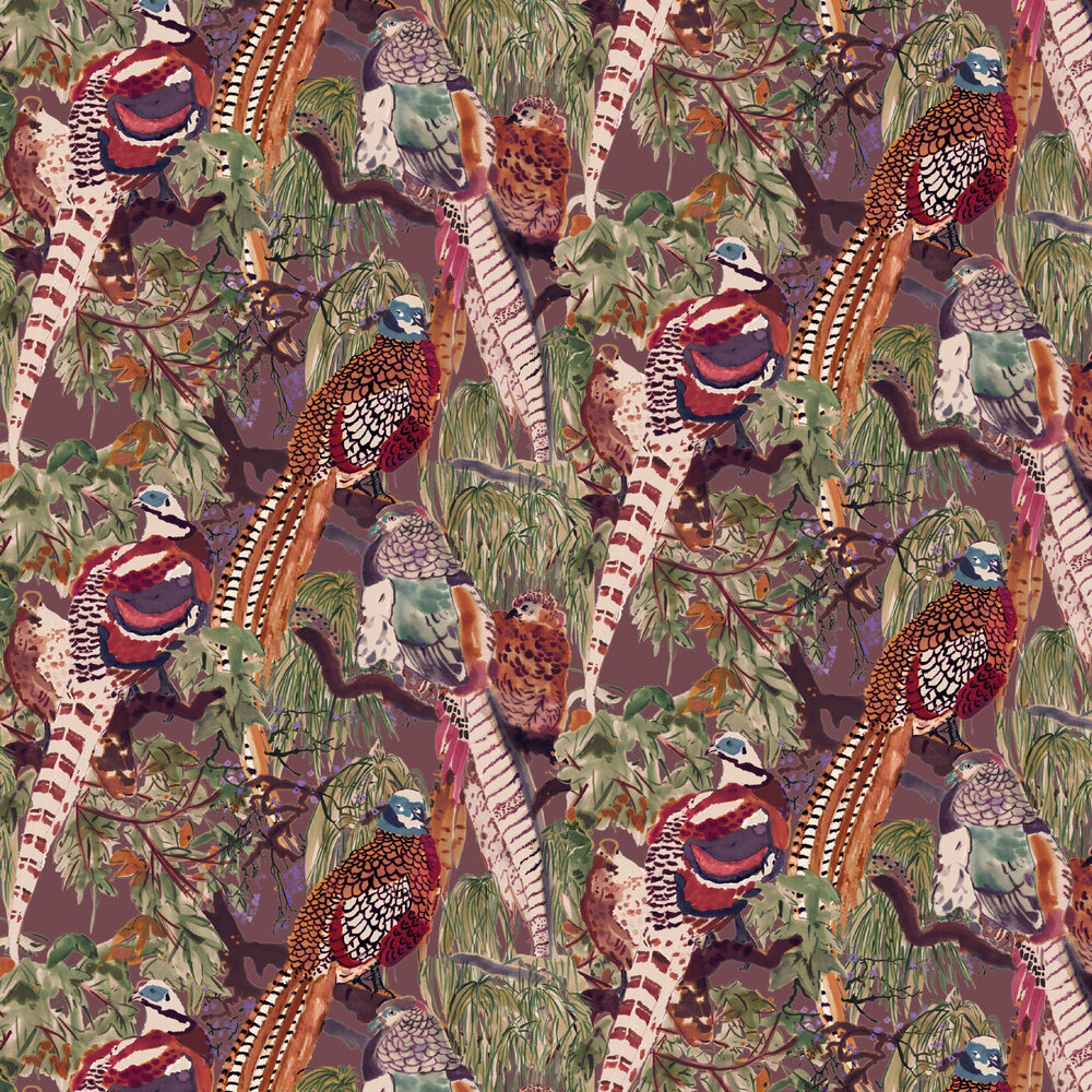 Game Birds Wallpaper - Red / Plum - by Mulberry Home