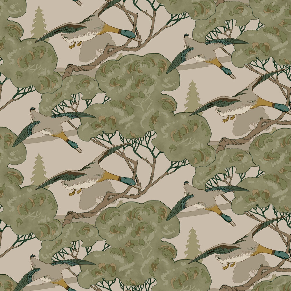 Grand Flying Ducks Wallpaper - Emerald - by Mulberry Home