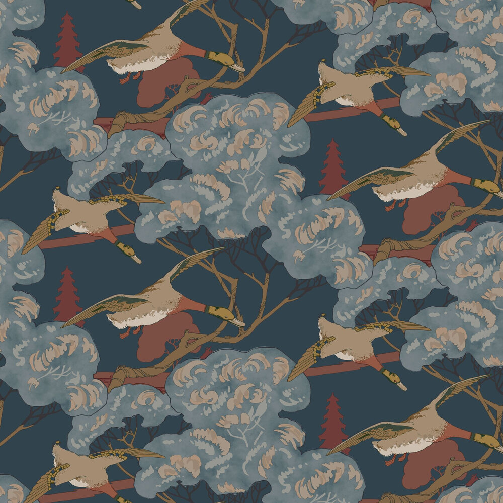 Grand Flying Ducks Wallpaper - Red / Blue - by Mulberry Home