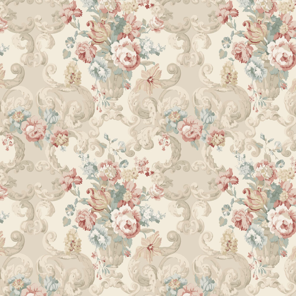Floral Rococo Wallpaper - Lovat / Red - by Mulberry Home