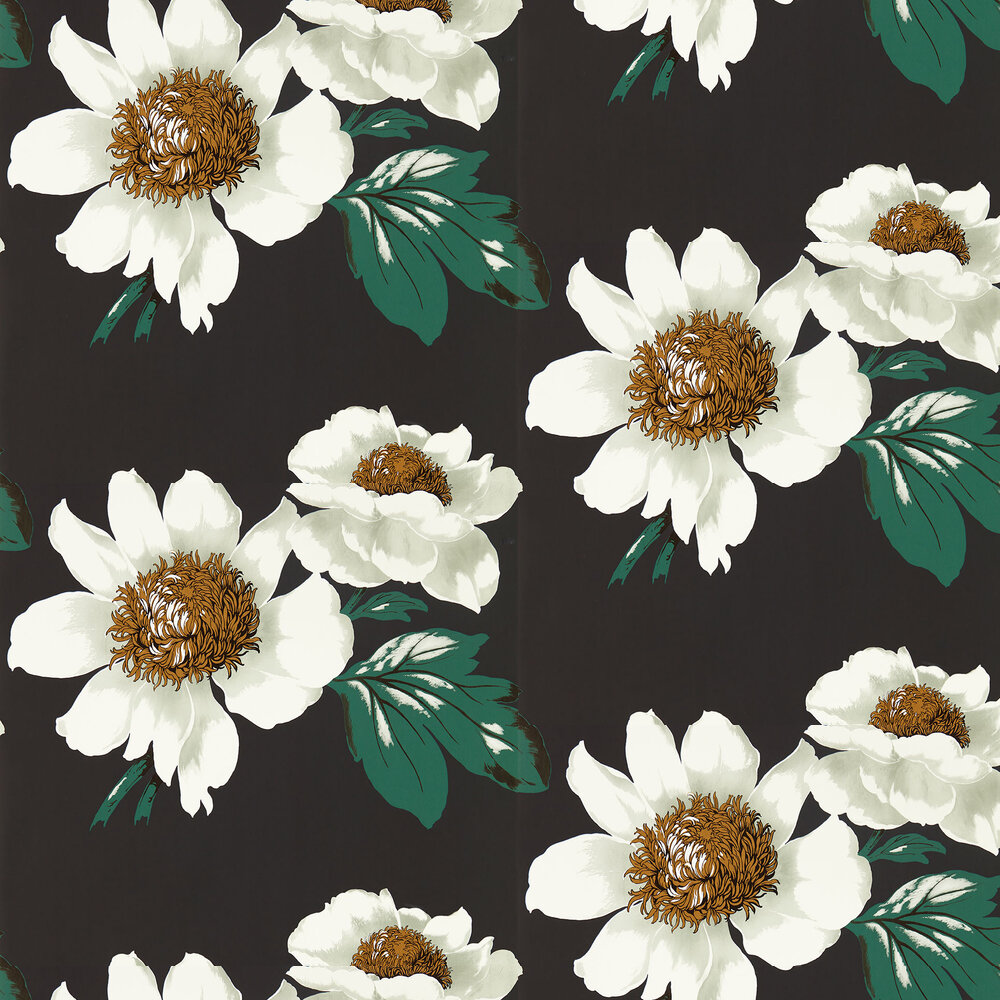 Paeonia Wallpaper - Black Earth/Fig Leaf/ Gold - by Harlequin