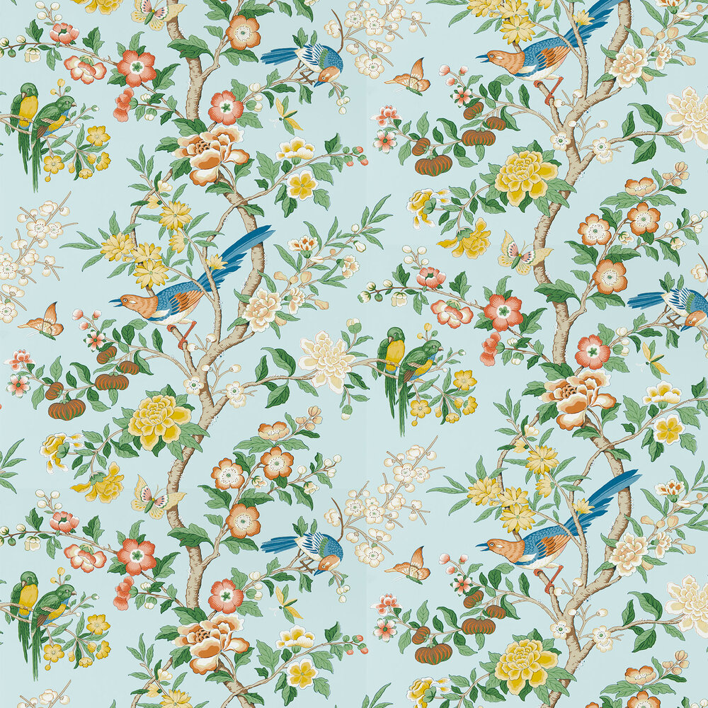 Chinoiserie Hall Wallpaper - Dawn Blue/Persimmon - by Sanderson