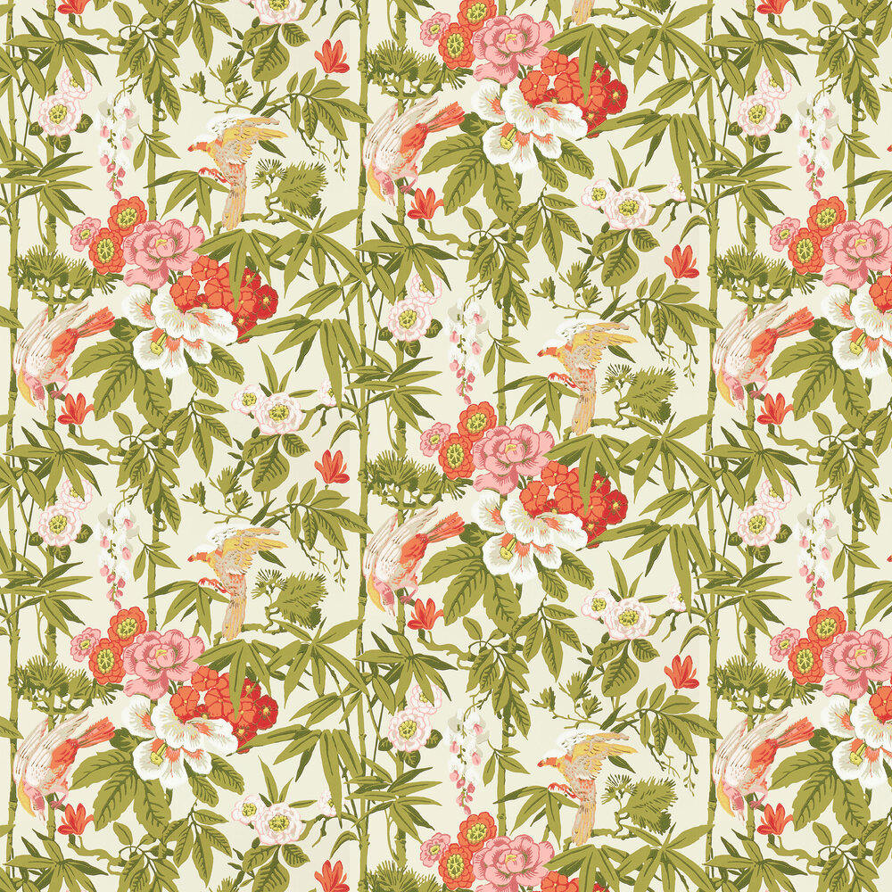 Bamboo & Birds Wallpaper - Mandarin Red/Olive - by Sanderson