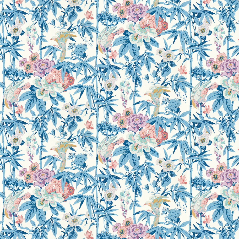 Bamboo & Birds Wallpaper - China Blue /Lotus Pink - by Sanderson