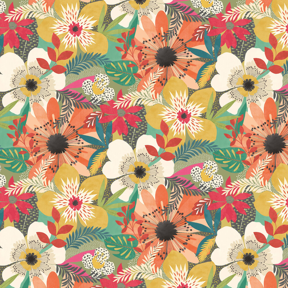 Floral Riot Wallpaper - Olive - by Ohpopsi