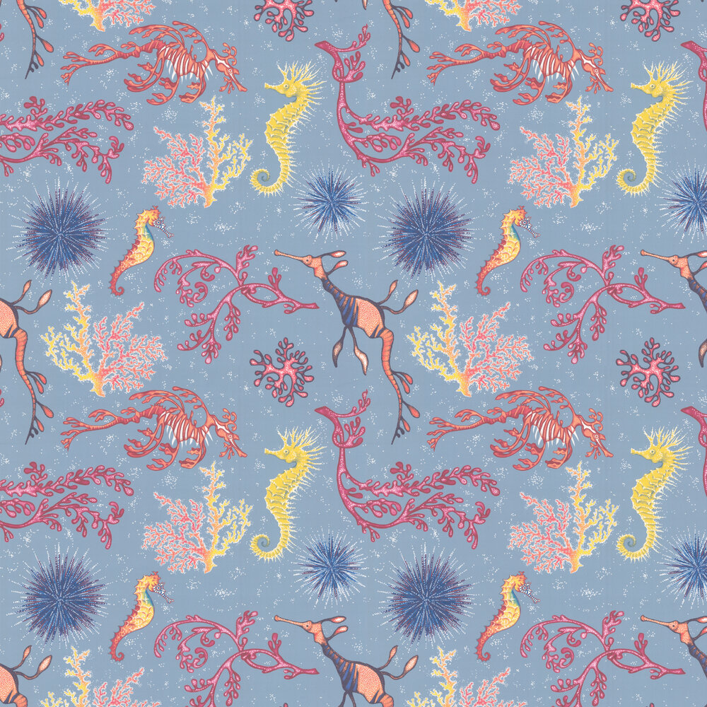 Seahorses Wallpaper - Blue - by Kerry Caffyn