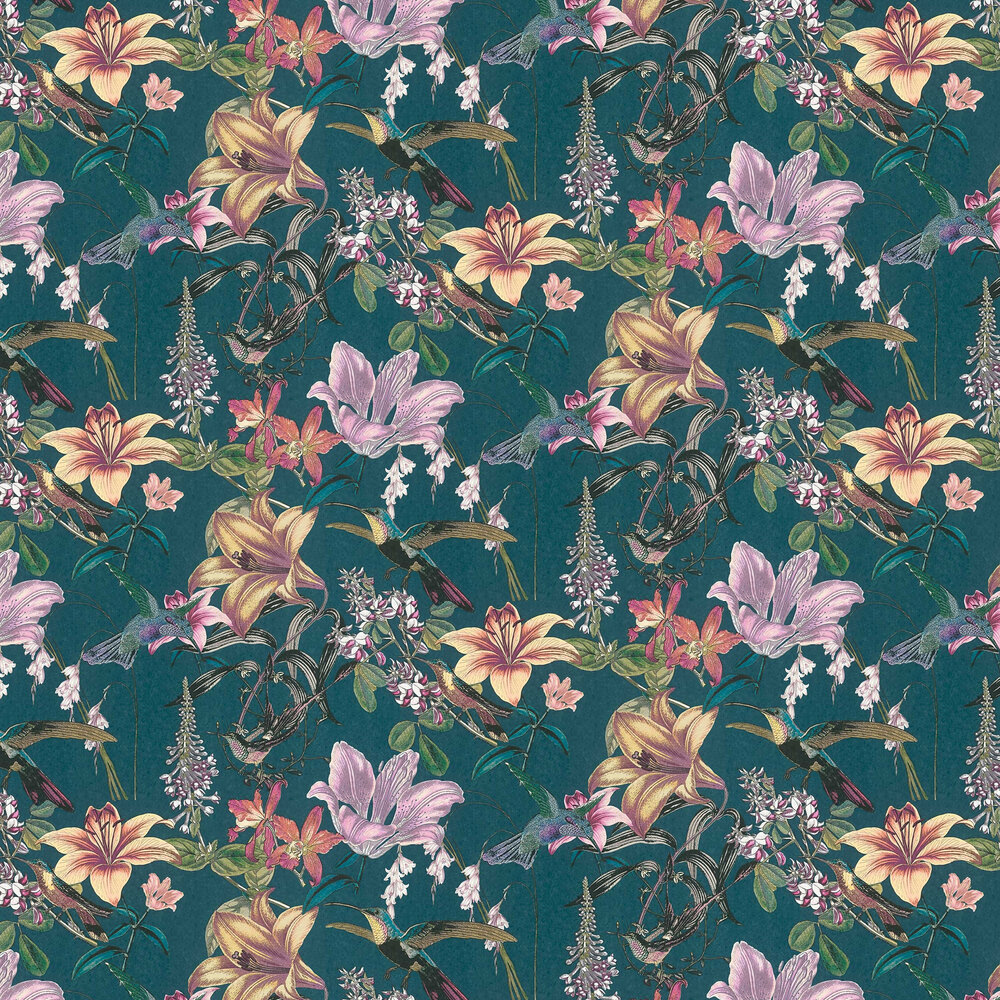 Hummingbird Wallpaper - Teal Blue - by Albany