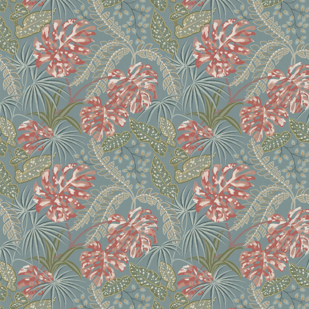 Rousseau Wallpaper - Teal / Coral - by Jane Churchill