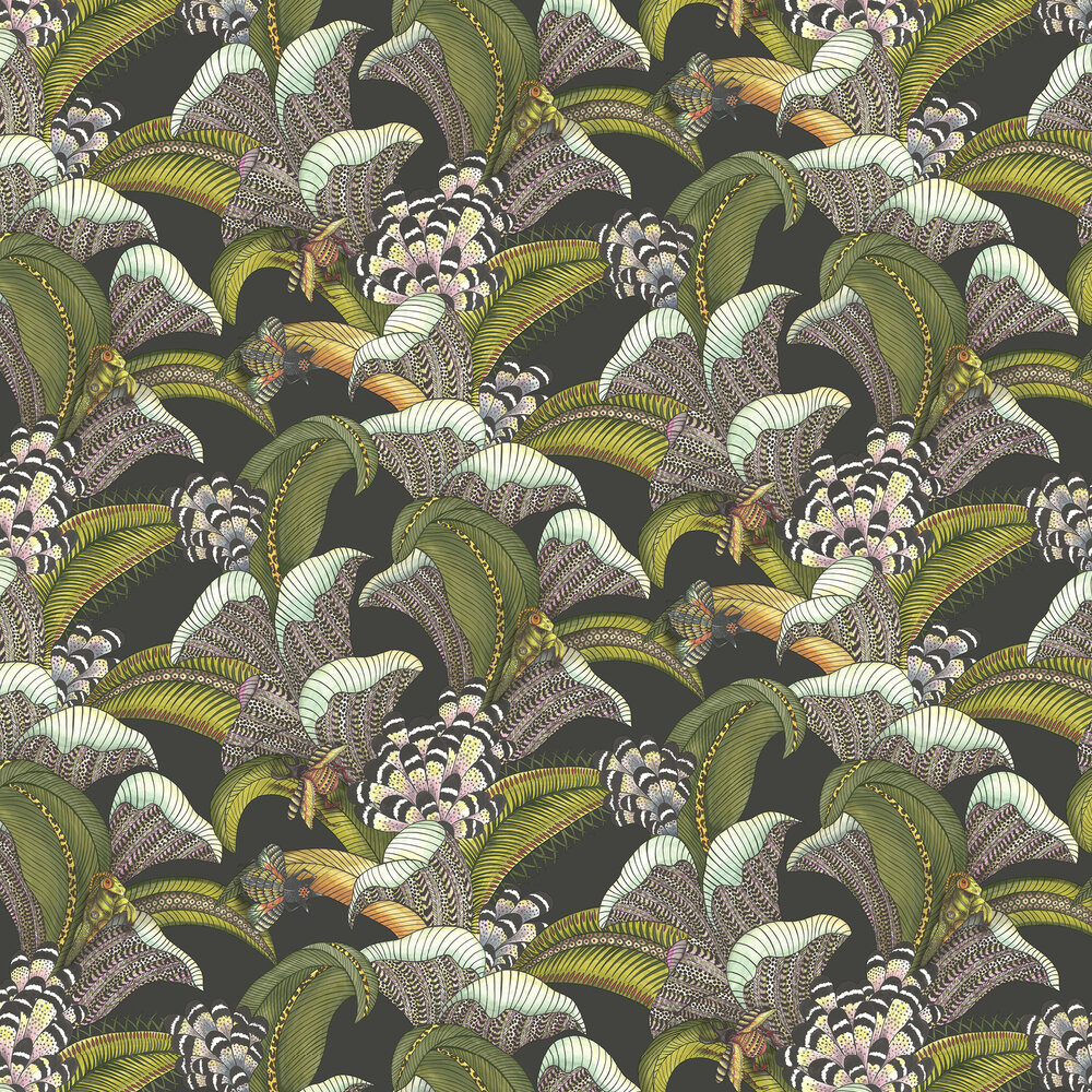 Hoopoe Leaves Wallpaper - Olive Green, Chartreuse & Fuchsia on Black - by Cole & Son