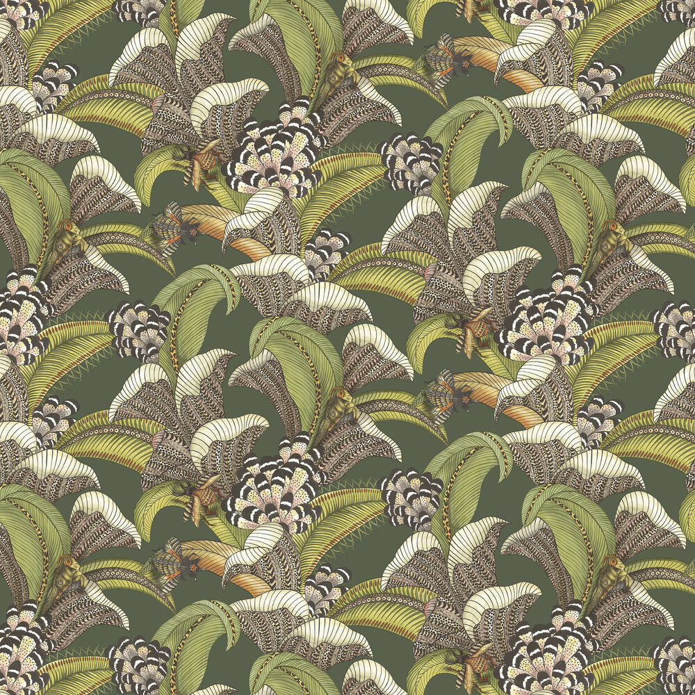 Hoopoe Leaves Wallpaper - Spring Green, Chartreuse & Coral on Forest - by Cole & Son