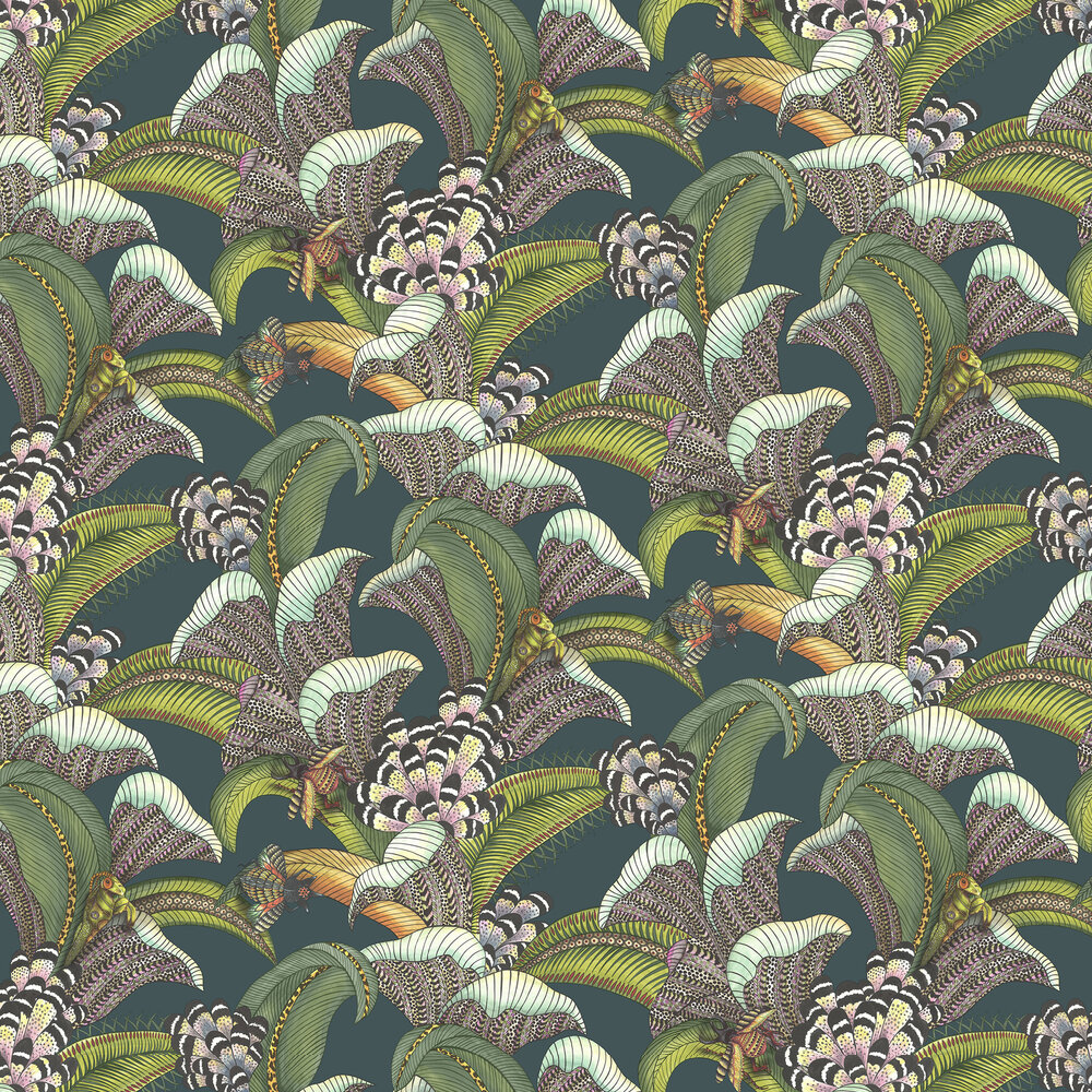 Hoopoe Leaves Wallpaper - Forest Green, Lime & Fuchsia on Dark Virdian - by Cole & Son
