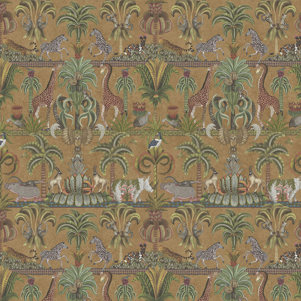 Afrika Kingdom Wallpaper - Olive Green & Spring Green on Metallic Bronze - by Cole & Son