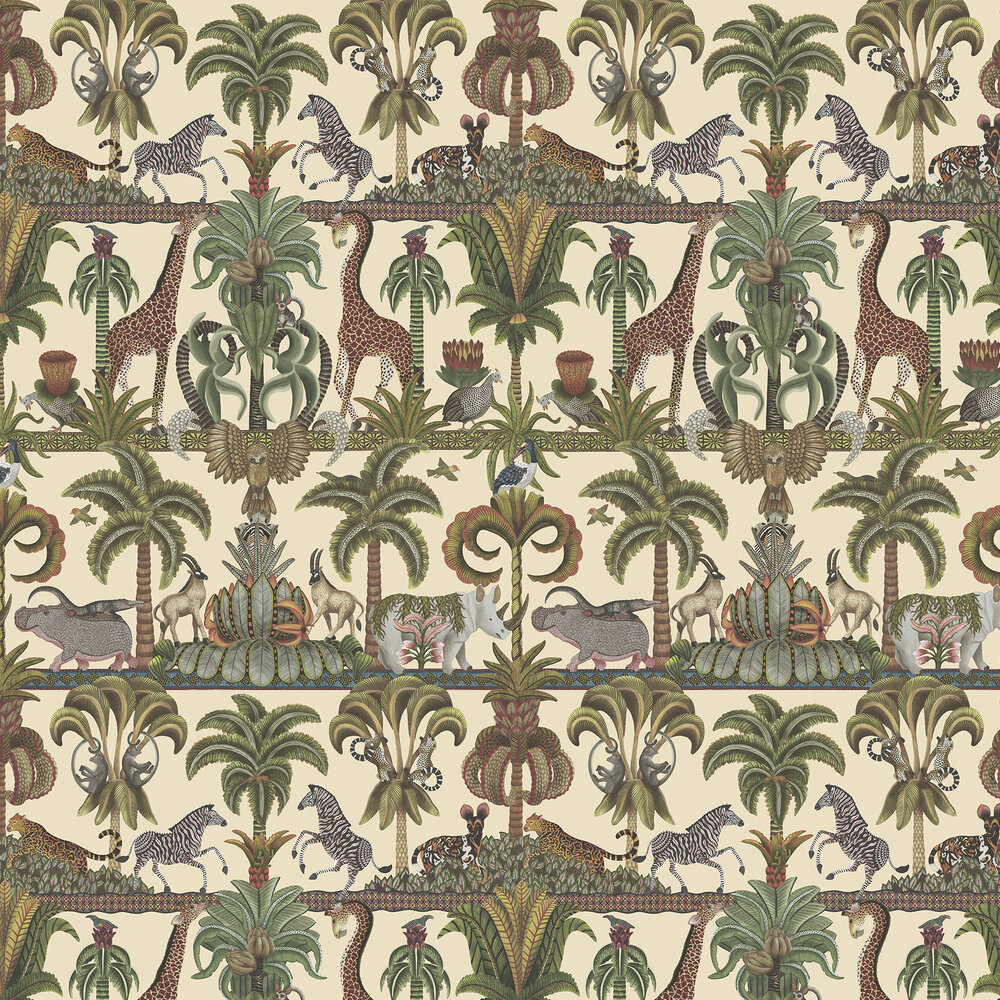 Afrika Kingdom Wallpaper - Olive Green & Spring Green on Cream - by Cole & Son
