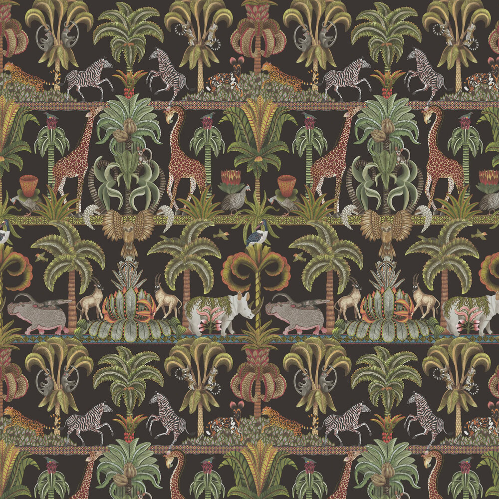 Afrika Kingdom Wallpaper - Olive Green & Spring Green on Black - by Cole & Son