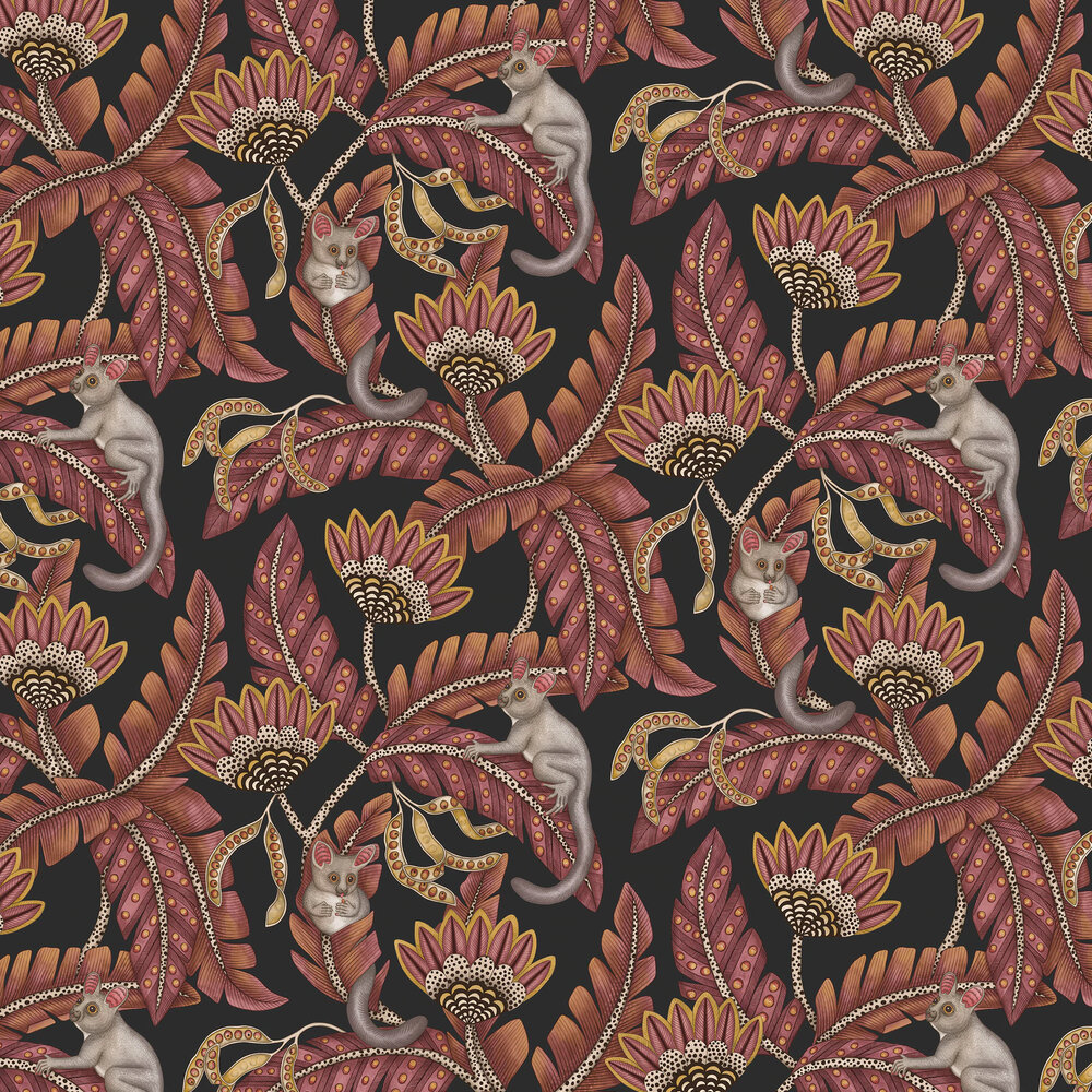 Bush Baby Wallpaper - Crimson & Marigold on Charcoal - by Cole & Son
