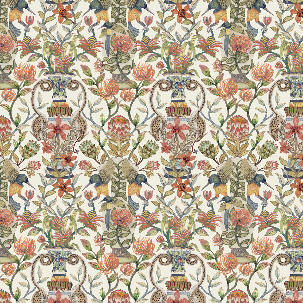 Protea Garden Wallpaper - Olive Green & Tangerine on White - by Cole & Son