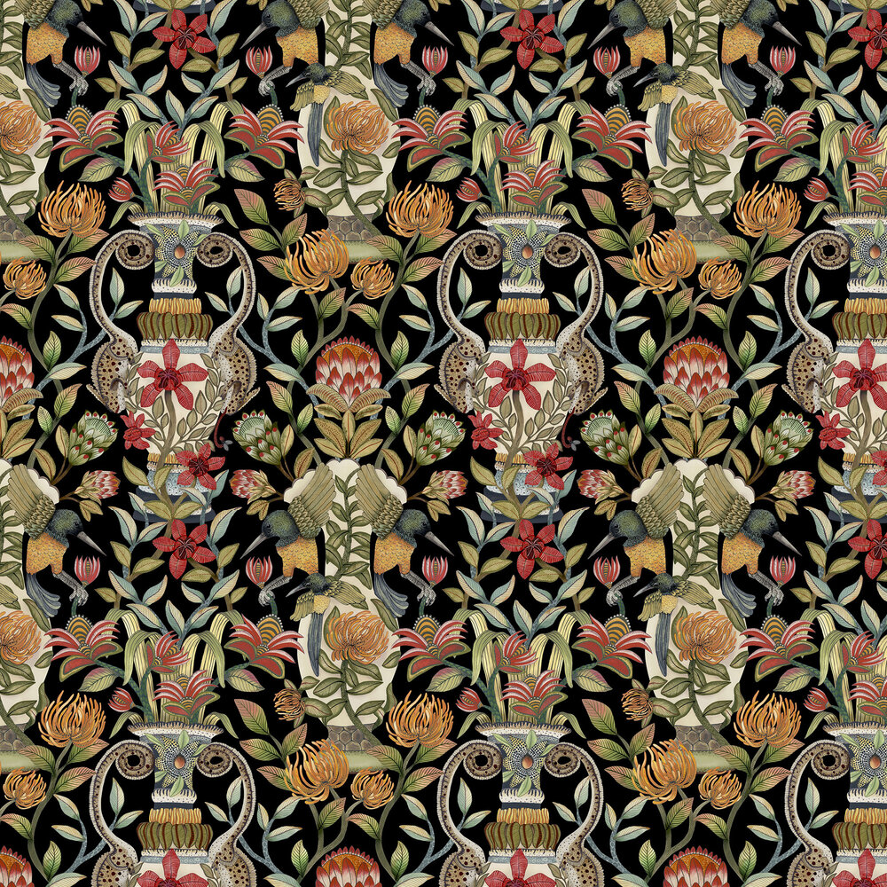 Protea Garden Wallpaper - Olive & Rouge on Black - by Cole & Son