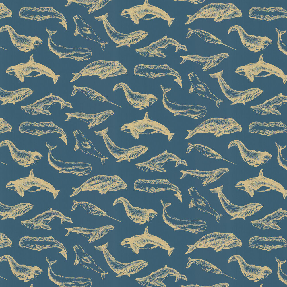 Whale Done Wallpaper - Bleu Nuit Dore - by Caselio