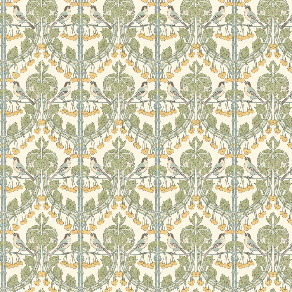 Birds & Cherries Wallpaper - Aqua Green - by G P & J Baker