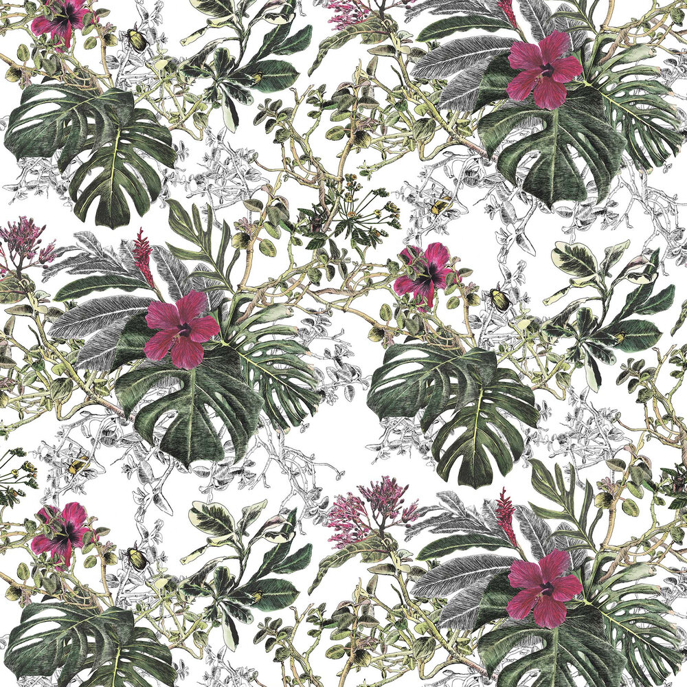 Classic Summer Tropical Bloom Wallpaper - Forest Green - by Sian Zeng