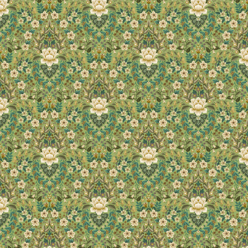 Wildflower Damask Wallpaper - Green - by Galerie