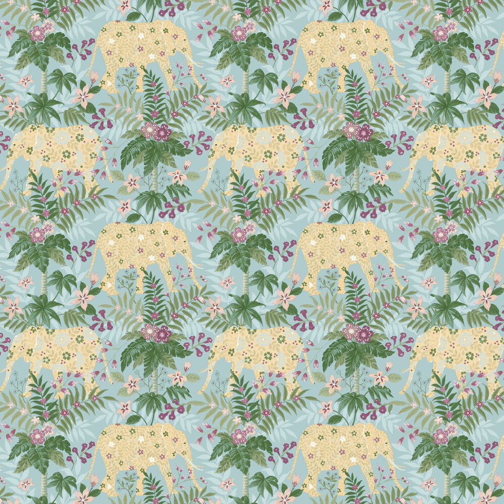 Floral Elephant Wallpaper - Blue - by Galerie