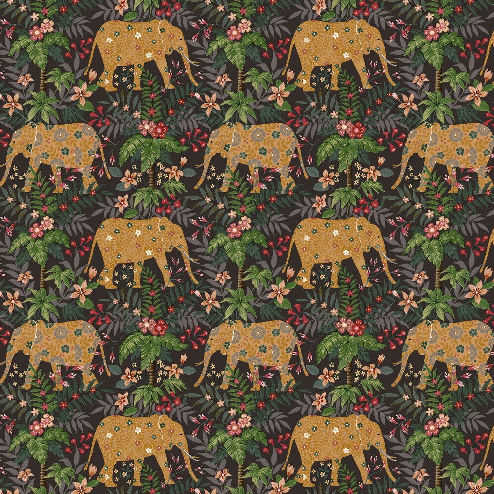 Floral Elephant Wallpaper - Black - by Galerie