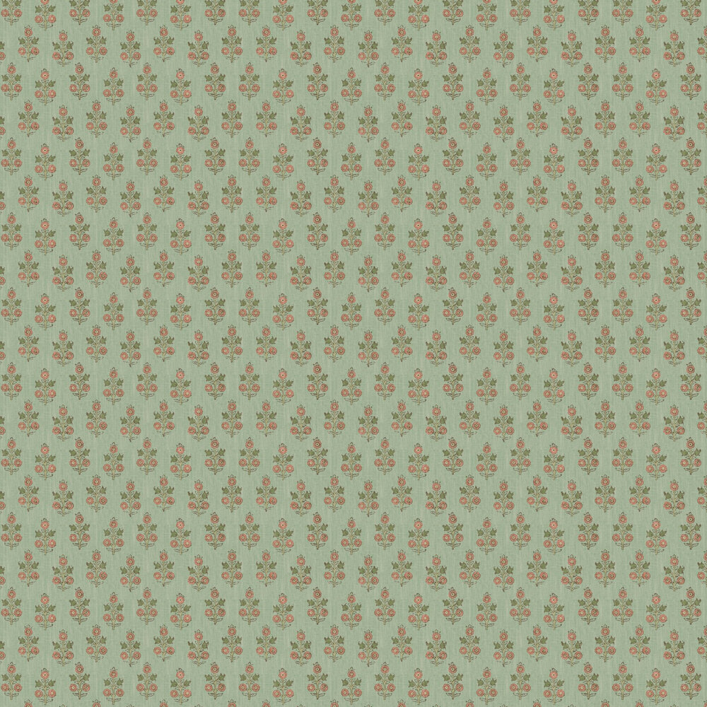 Poppy Sprig Wallpaper - Aqua / Blush - by G P & J Baker