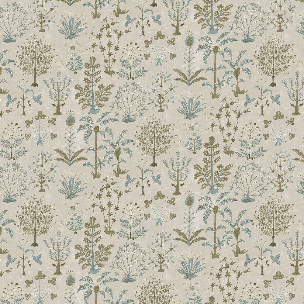 Cynthia Wallpaper - Stone, Light Blue and Olive - by Josephine Munsey
