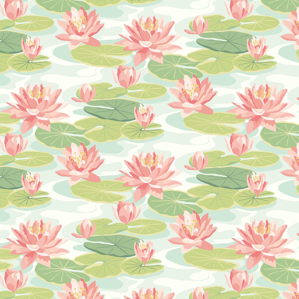 Waterlily Wallpaper - Duck Egg & Coral - by Ohpopsi