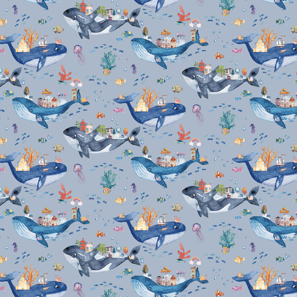 Whale Town Wallpaper - Blue - by Albany