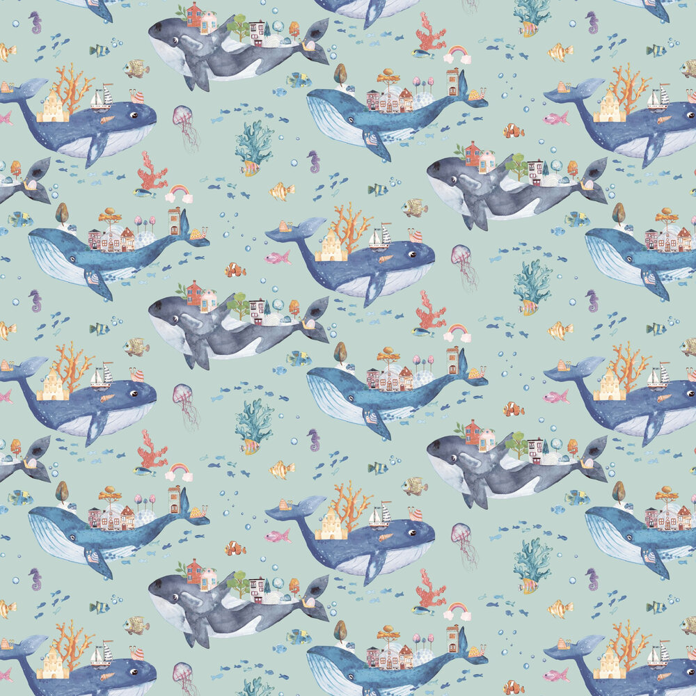 Whale Town Wallpaper - Teal - by Albany