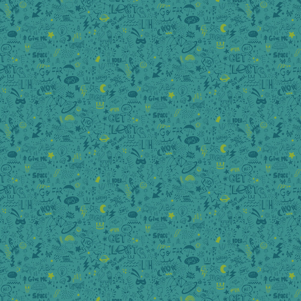 Doodle Wallpaper - Teal / Neon Yellow - by Albany