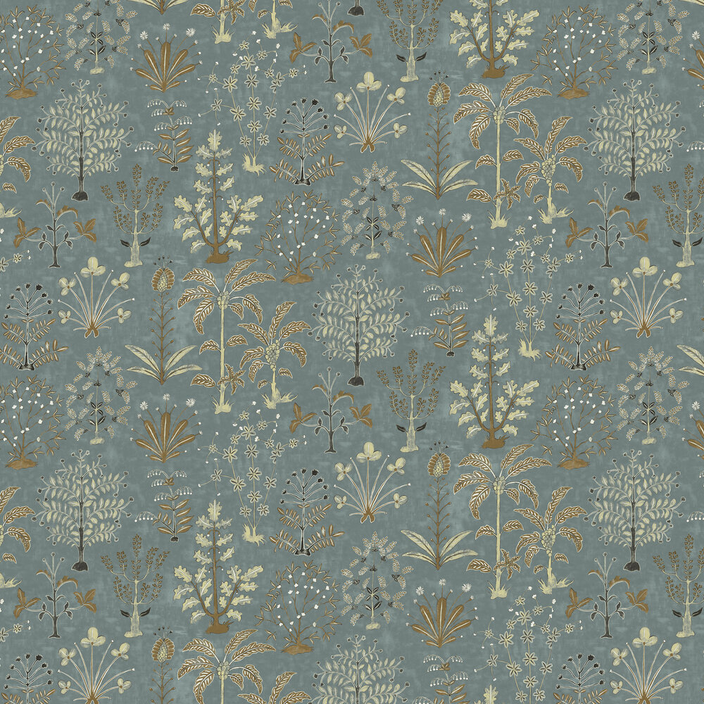 Cynthia Wallpaper - Mid Blue and Olive - by Josephine Munsey