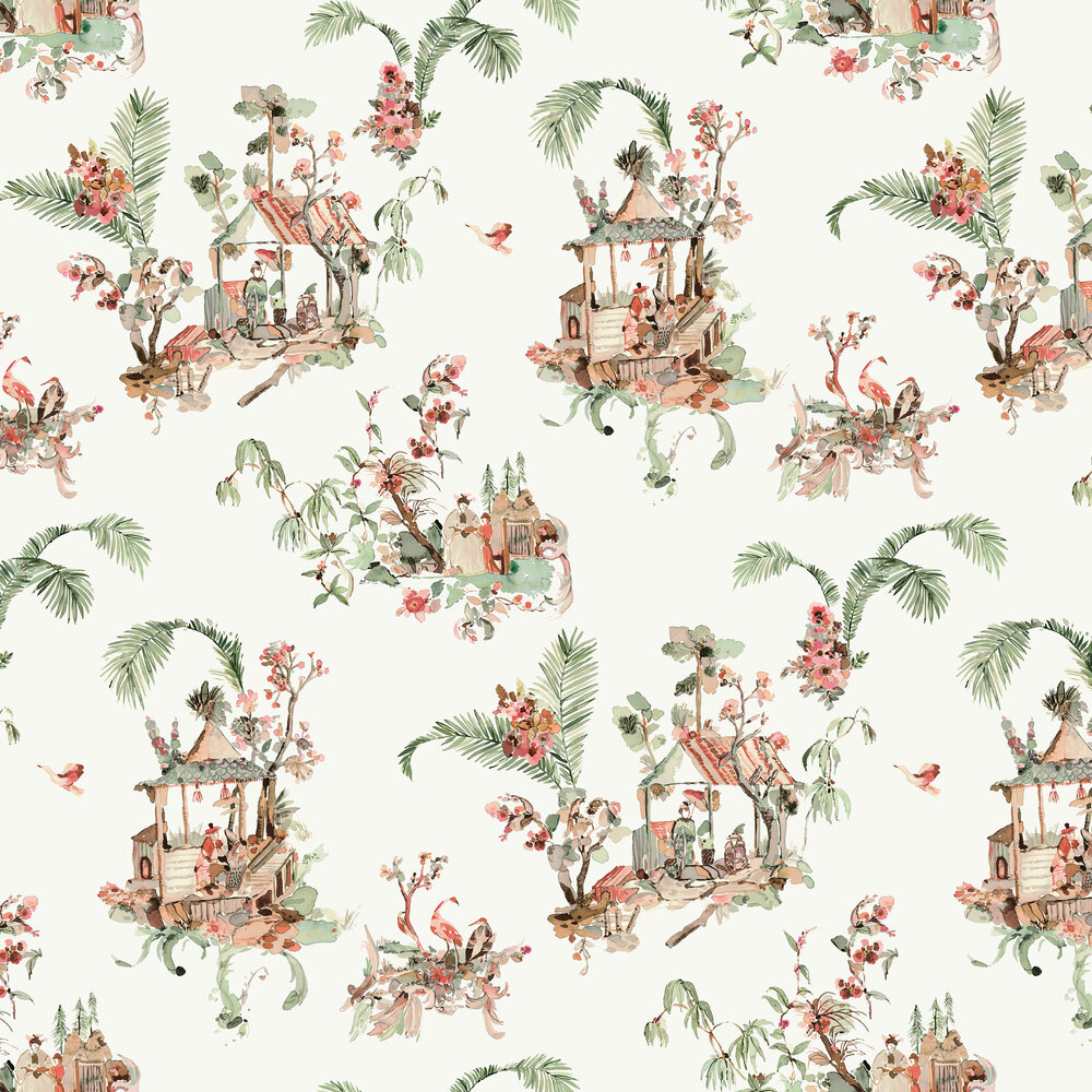 Toile Chinoise Wallpaper - Coral/ Green - by Nina Campbell