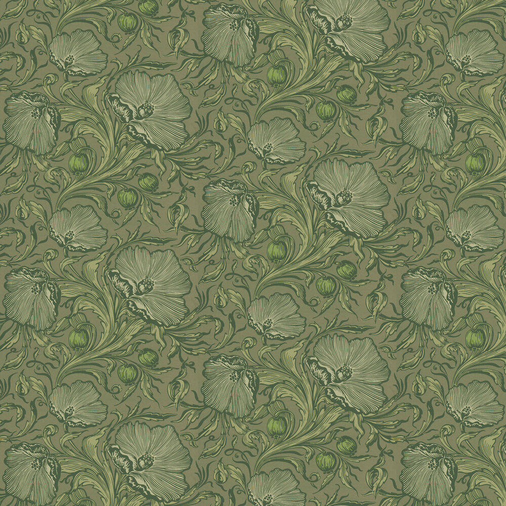 Poppy Trail Wallpaper - Sage Green - by Little Greene