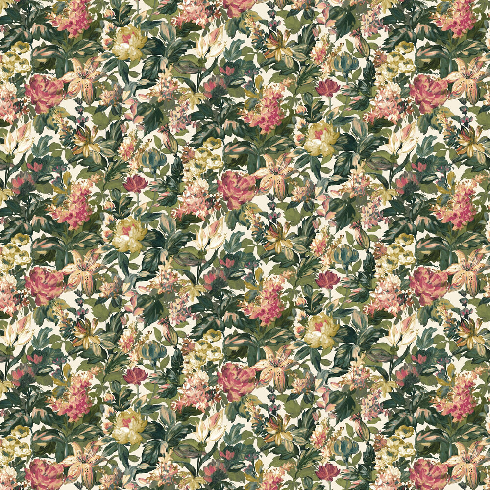 Lilum Wallpaper - Olive / Raspberry - by Clarke & Clarke