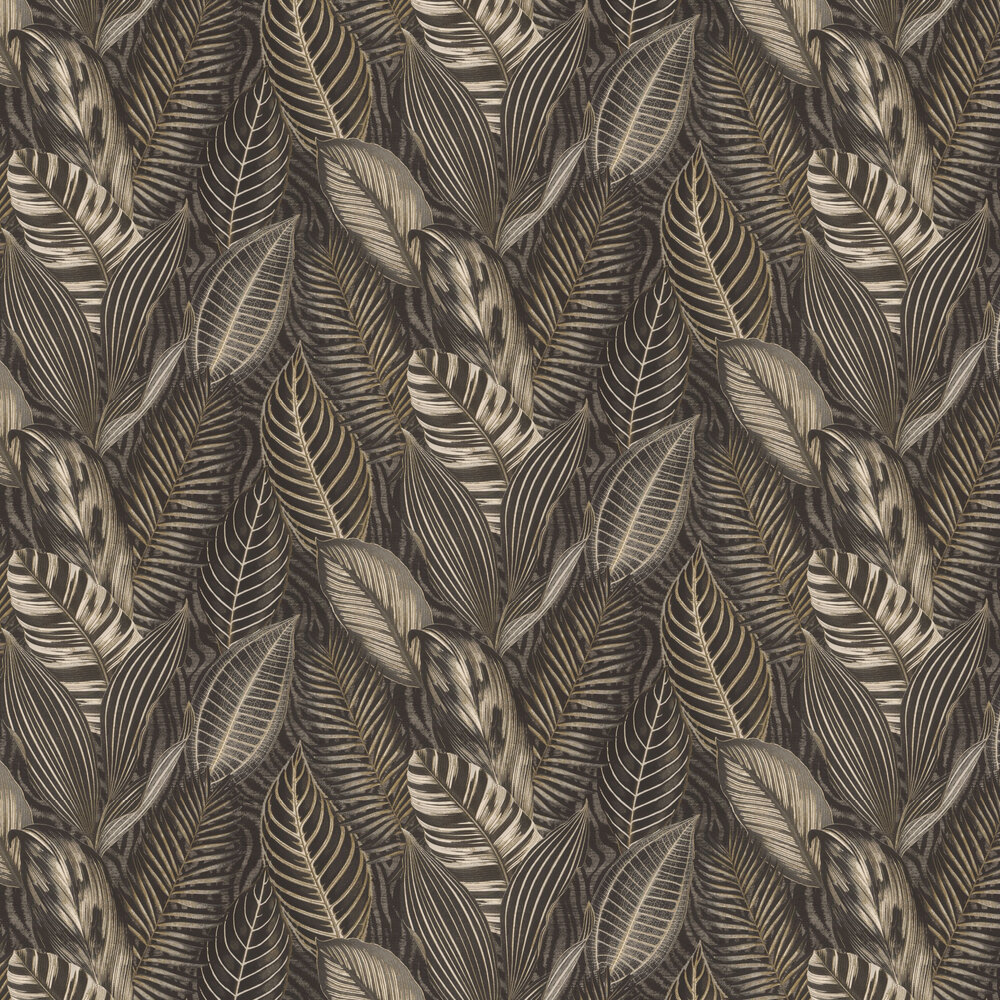 Exotic Leaves Wallpaper - Black and Gold - by Albany