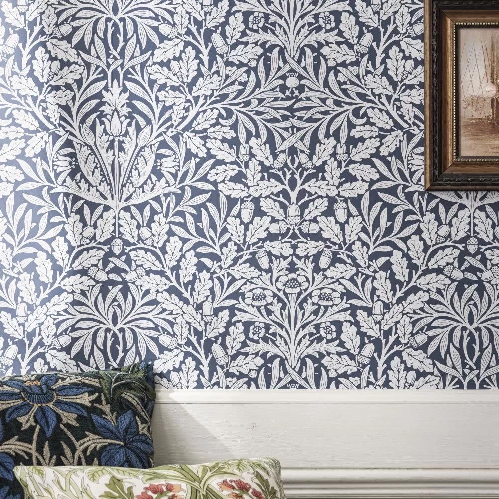 Melody Jane Dollhouse Wallpaper — Pale Blue & White Acorns, William Morris Design, 1:12 Scale (17x11.3/8 In)