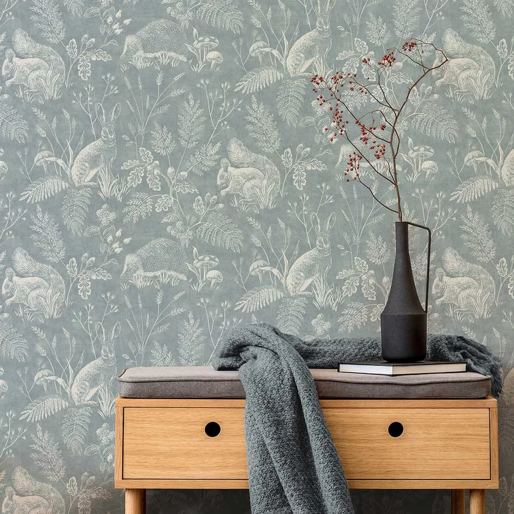 Woodland Toile por Crown - Azul - Papel pintado : Wallpaper Direct