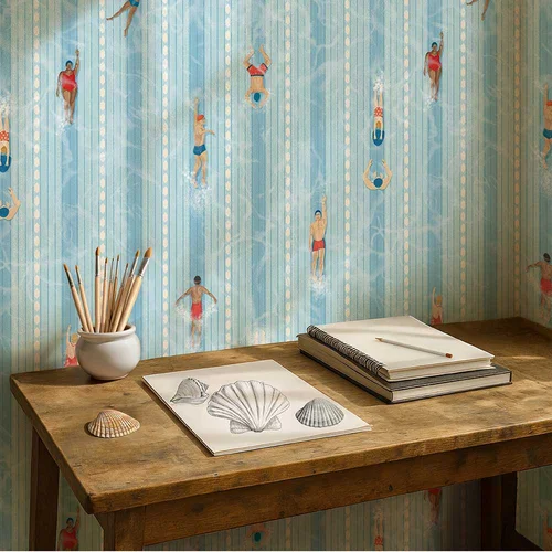 Papel pintado Lido - Tomate/azul claro - de Isabelle Boxall