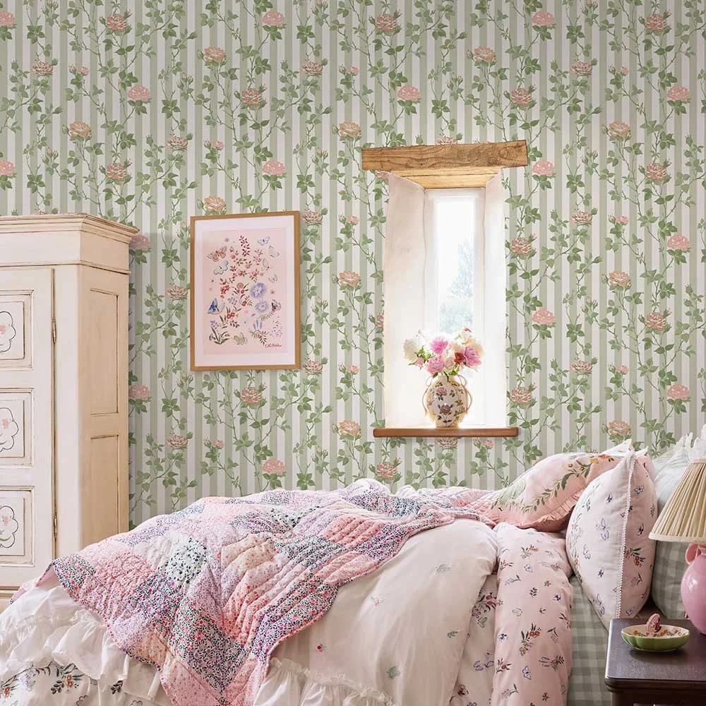 Climbing Rose by Cath Kidston - Pink / Sage - Wallpaper : Wallpaper Direct