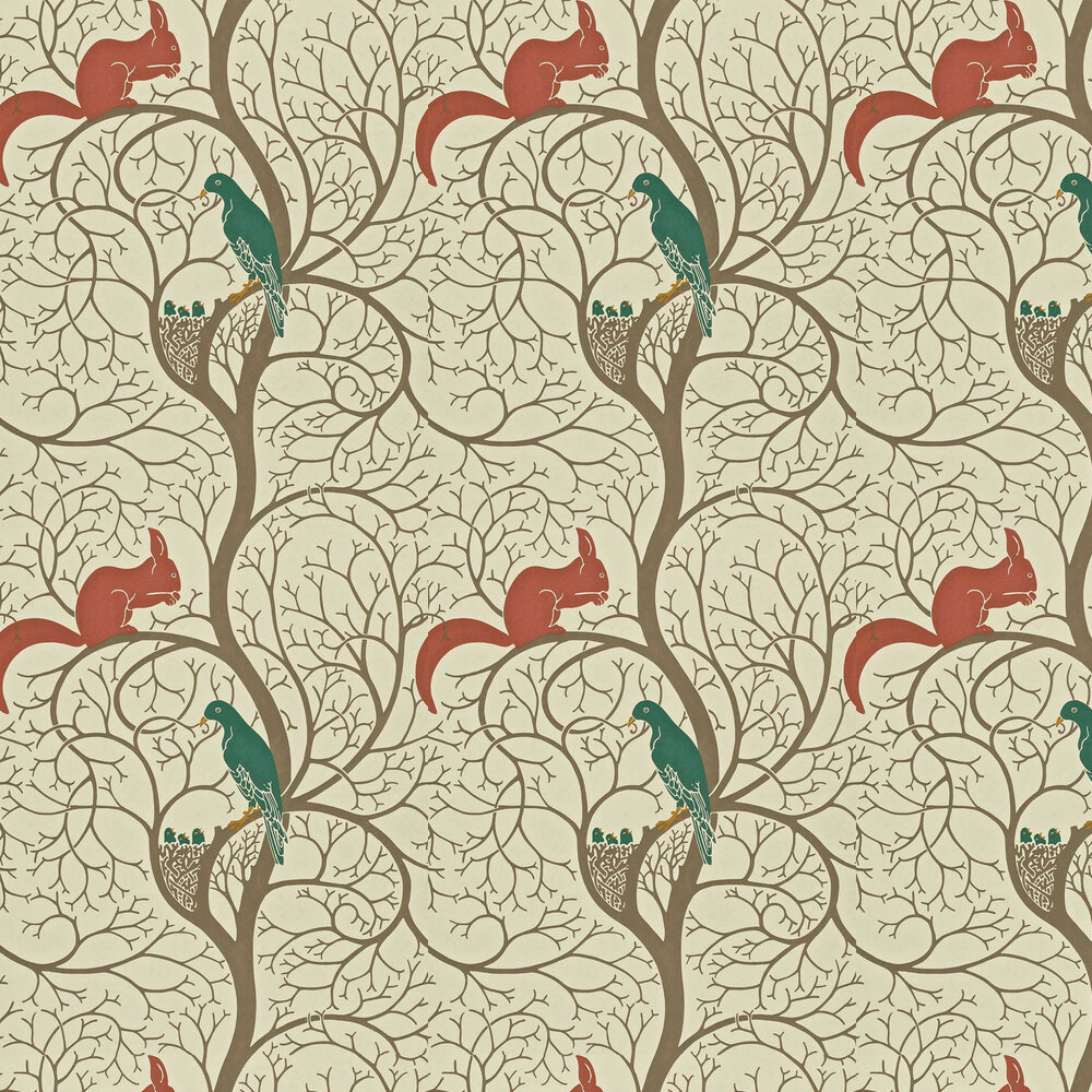 Squirrel & Dove Wallpaper - Teal / Red - by Sanderson