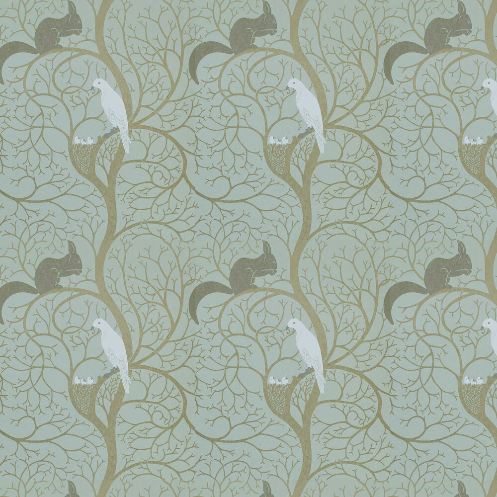 Squirrel & Dove Wallpaper - Duck Egg / Ivory - by Sanderson
