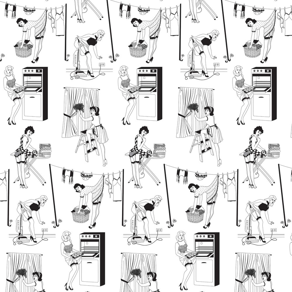 50's Housewives - 10m Wallpaper - Black / White - by Dupenny