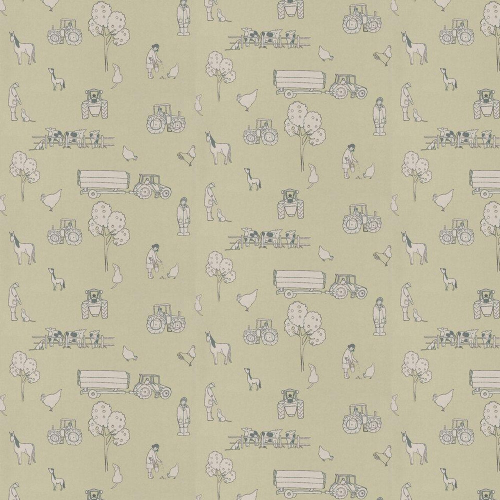 Cluck a Doodle Farm  Wallpaper - Pale Grey / Soft Green - by Katie Bourne Interiors