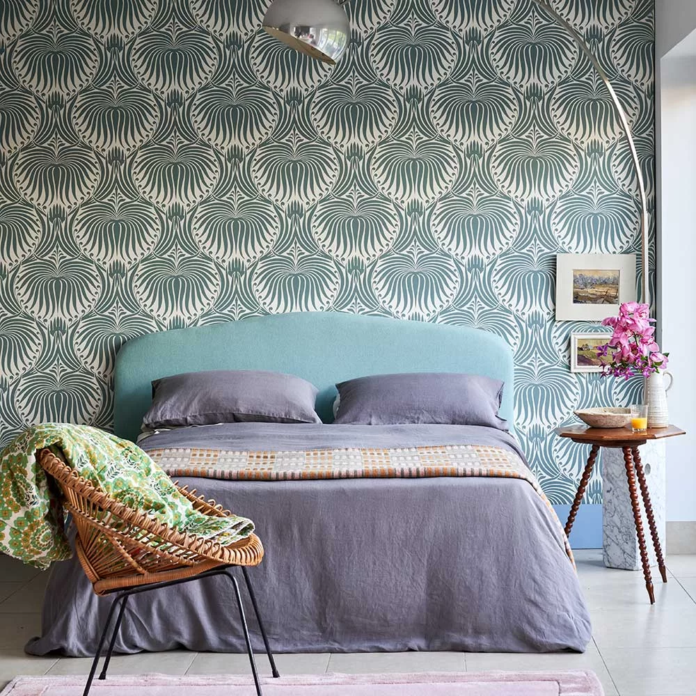 Lotus by Farrow & Ball - Teal / Off White - Wallpaper : Wallpaper 