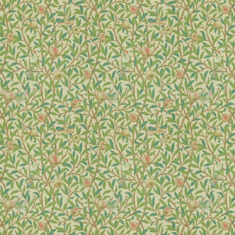 Bird & Pomegranate Wallpaper - Bayleaf / Cream - by Morris