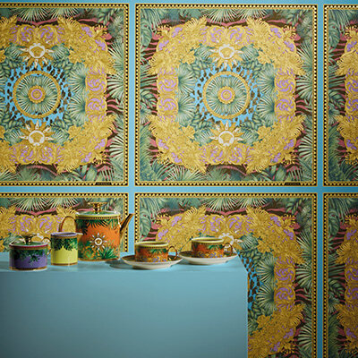 Versace GREEK glamor wallpaper geometric greek pattern black gold satin   Primavera Home