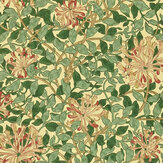Honeysuckle Wallpaper - Green / Coral Pink - by Morris. Click for more details and a description.